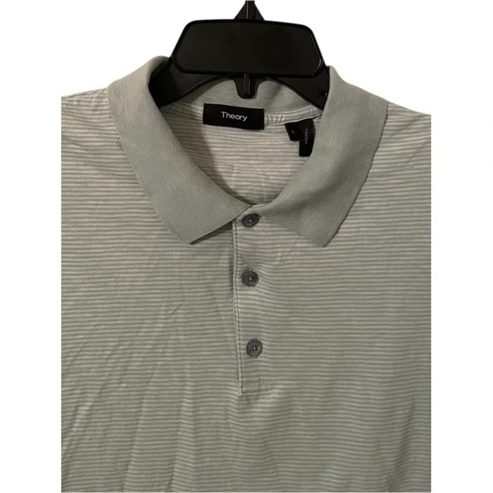 Theory‎ Men's Mint Green White Striped Cotton Quarter Collared Polo Shirt Size L